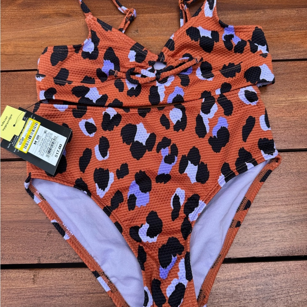 Art Class Orange and Black One Piece Swimsuit Leopard Print Size 8. NWT